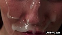 Peculiar beauty gets cumshot on her face swallowing all the jizm