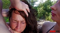 Two sluts fucked hard outdoors in both holes: ass and pussy !