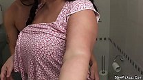 Busty bitch sucks and rides cock in the restroom