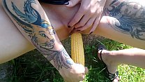 Lucy Ravenblood fucking pussy with corn in public