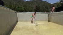 The boy who comes to clean the pool wants to clean something else for my exhibitionist sister who wants to fuck him with me recording them