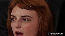 Peculiar model gets sperm shot on her face swallowing all the cum