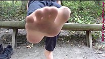 Ventilate shoes and nylon feet ** outdoors in the forest **