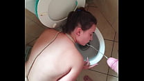 Bitch on leash gets piss | slapped | spit in her face and fucked with her head in the toilet.