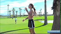 Sexy teen amateur cutie girl Adria flash her perky tits on the golf course