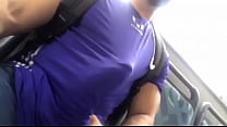 Muscle guy with big dick on bus