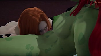 Poison Ivy baise Black Widow avec un jouet sexuel jusqu'à ce qu'elle jouisse.