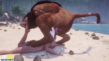 Vollbusige Hündin brütet mit Pelz am Strand | Monster mit großem Schwanz | 3D-Porno Wildes Leben