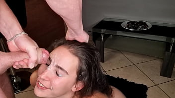 Sucking my boyfriend's cock before and after he decorated my face with his cum load | close up