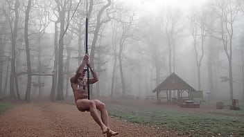 naked in the fog on a winter health trail
