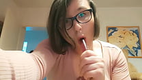 Teen Amateur Tranny Anallisa alone at home - she sucks dildo, lick her cum and fucks her pussy with no mercy while looking cute and screamig loud all over the house - shes wearing penis cage and uses some of her other toys