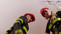 Firefighting femdoms pegging submissive in threesome