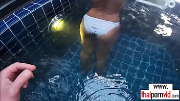 Skinny amateur Thai teen Cherry fucked by a big european cock by the pool