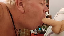 Chubby in pantyhose with small cock wank squirt and sucking own cum off dildo