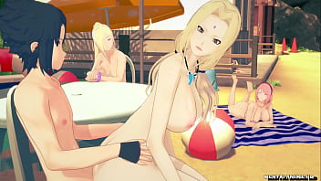 Sasuke baise Tsunada sur la plage pendant que les autres filles prennent un bain de soleil sur la plage