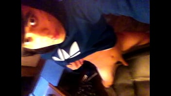 Teen twink (18 ), with cute face, emo haircut, wearing blue Adidas Trefoil Hoodie, rubs his tiny smooth dick on the chair