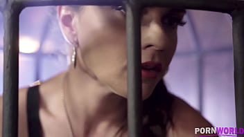 Caged Latina in Strap Latex Costume Marta La Croft Deepthroats Monster BBC in the Basement