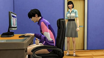 日本人の義理の母は、コンピューターの前でポルノビデオを見ながら自慰行為をしている義理の息子を捕まえ、彼が初めて彼女とセックスするのを手伝います - 韓国の継母