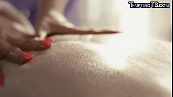 Busty TS MILF masseuse fucks BJ TS oiled babe after rimjob