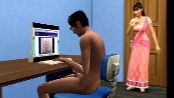 La matrigna indiana sorprende il figliastro nerd a masturbarsi davanti al computer mentre guarda video porno || video per adulti || Film porno