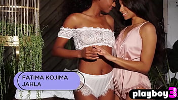 Sexy black teen Jahla posed with hot small tits lesbian teen Fatima Kojima