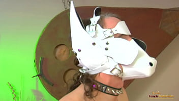 2人のブルネットのひよこが、犬のマスクをした3人の男に二重に挿入される