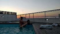 cumming a lot in the pool at sunset - accounter adventure