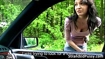 Beautiful brunette Belle gets fucked in doggystyle in the backseat