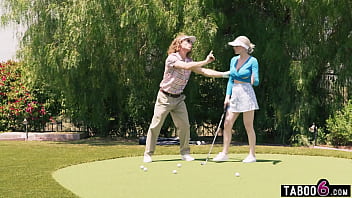 Golf lessons for MILF from two shemales who joined Club Swinger